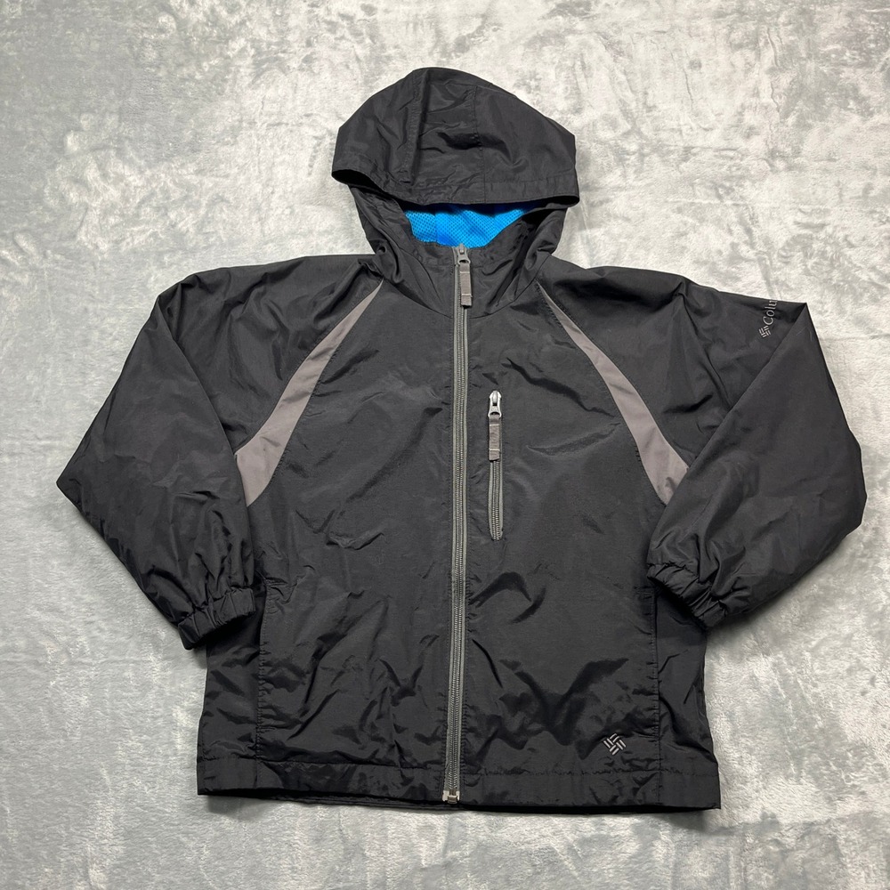 Columbia‎ Windbreaker Jacket Kids Size 8 Black Blue Mesh Lined Full Zip Hooded